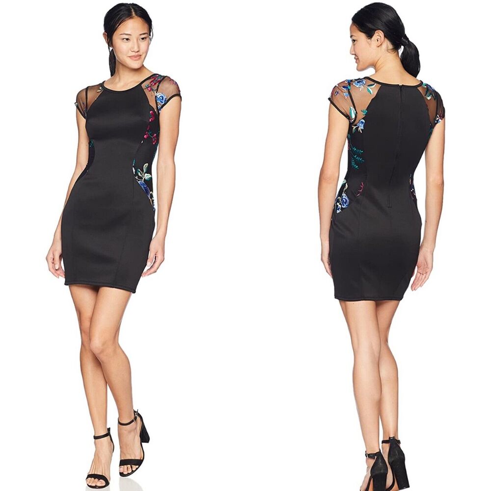 New A. Byer Juniors Sz 7 Dress Cap Sleeve Fitted Floral‎ Black Stretch NWT